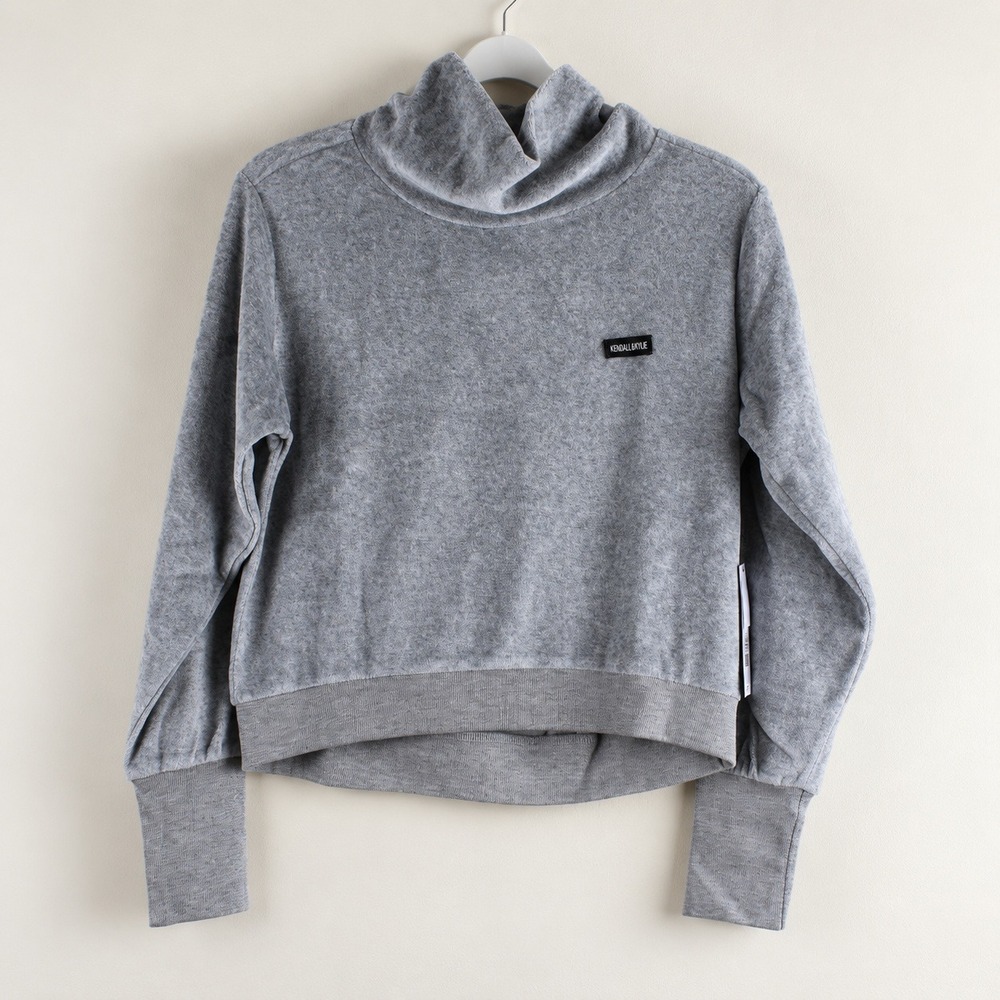 Kendall & Kylie Stormi High Cuff Boxy Velour Top Gray Cowl Neck Sweatshirt L NEW